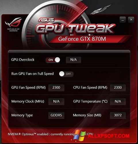 Snimak zaslona ASUS GPU Tweak Windows XP