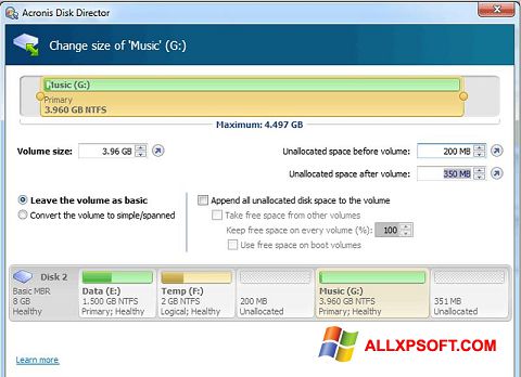 Snimak zaslona Acronis Disk Director Windows XP