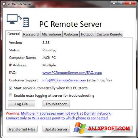 Snimak zaslona PC Remote Server Windows XP