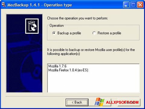 Snimak zaslona MozBackup Windows XP