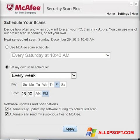 Snimak zaslona McAfee Security Scan Plus Windows XP