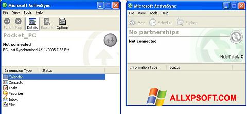 Snimak zaslona Microsoft ActiveSync Windows XP