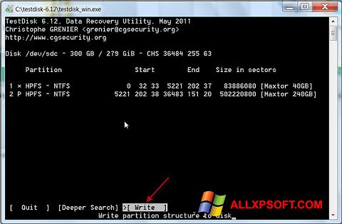 Snimak zaslona TestDisk Windows XP