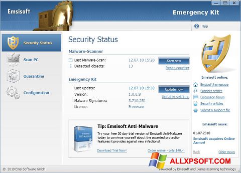 Snimak zaslona Emsisoft Emergency Kit Windows XP