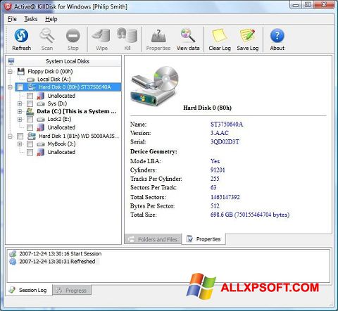 Snimak zaslona Active KillDisk Windows XP