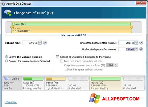 Snimak zaslona Acronis Disk Director Suite Windows XP