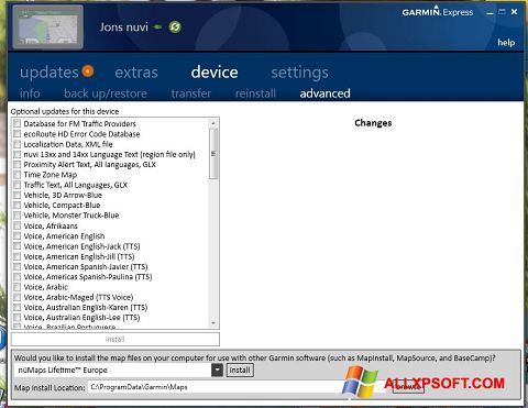 Snimak zaslona Garmin Express Windows XP