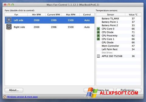 Snimak zaslona Macs Fan Control Windows XP