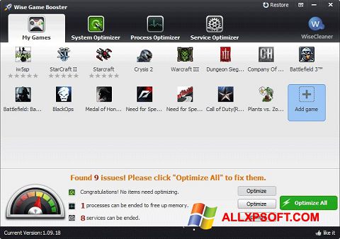Snimak zaslona Wise Game Booster Windows XP