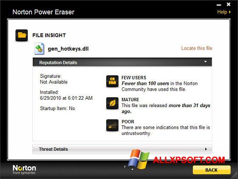 Snimak zaslona Norton Power Eraser Windows XP