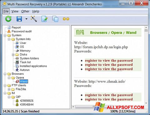 Snimak zaslona Multi Password Recovery Windows XP