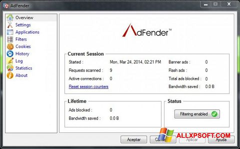 Snimak zaslona AdFender Windows XP