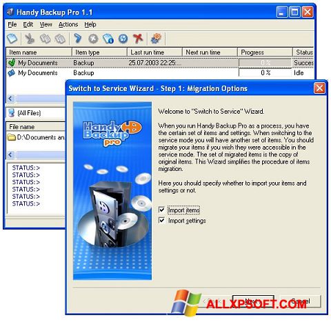 Snimak zaslona Handy Backup Windows XP
