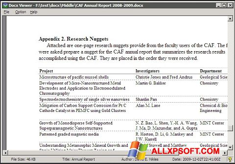 Snimak zaslona DocX Reader Windows XP