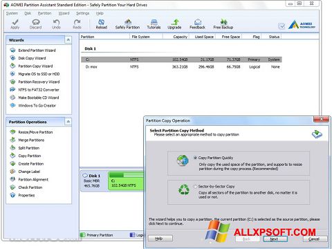 Snimak zaslona AOMEI Partition Assistant Windows XP