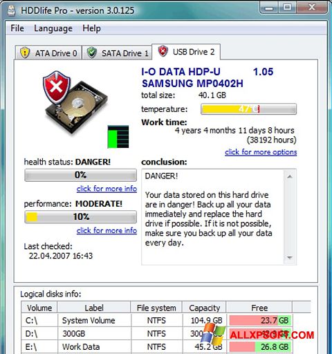 Snimak zaslona HDDlife Windows XP
