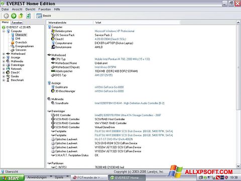 Snimak zaslona EVEREST Home Edition Windows XP