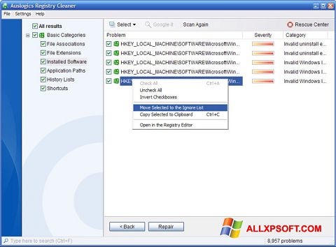 Snimak zaslona Auslogics Registry Cleaner Windows XP