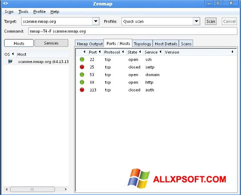 Snimak zaslona Nmap Windows XP
