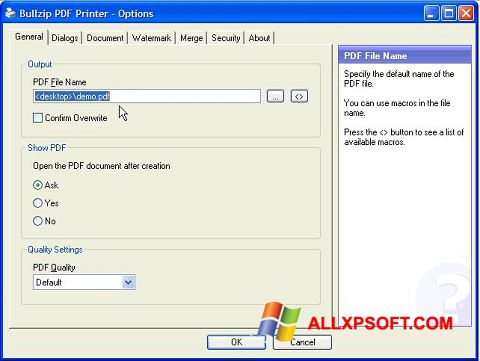 Snimak zaslona BullZip PDF Printer Windows XP