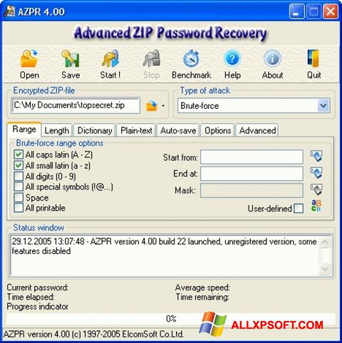 Snimak zaslona Advanced Archive Password Recovery Windows XP