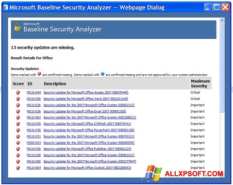 Snimak zaslona Microsoft Baseline Security Analyzer Windows XP