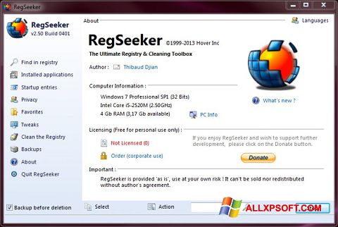 Snimak zaslona RegSeeker Windows XP