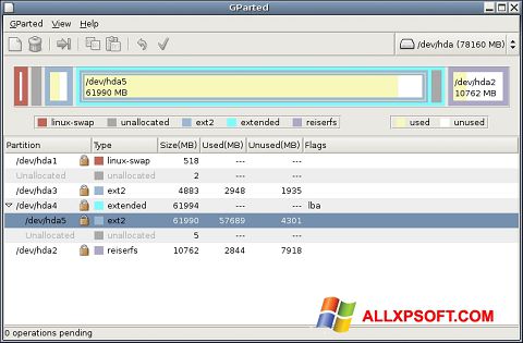 Snimak zaslona GParted Windows XP