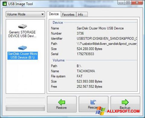 Snimak zaslona USB Image Tool Windows XP