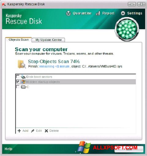 Snimak zaslona Kaspersky Rescue Disk Windows XP