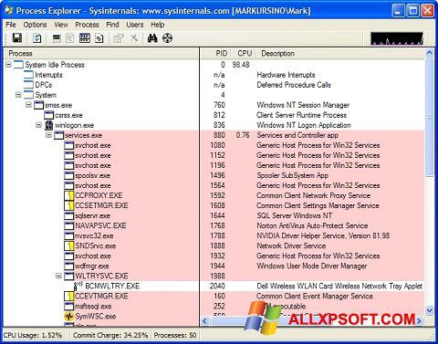 Snimak zaslona Process Explorer Windows XP