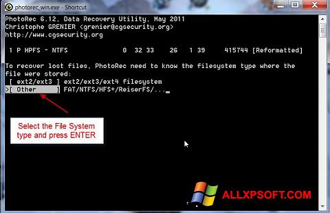 Snimak zaslona PhotoRec Windows XP