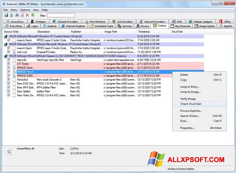 Snimak zaslona AutoRuns Windows XP