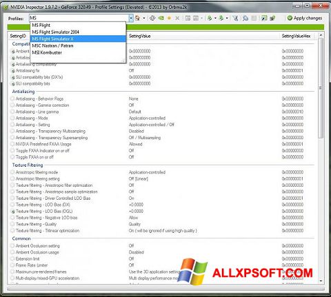 Snimak zaslona NVIDIA Inspector Windows XP