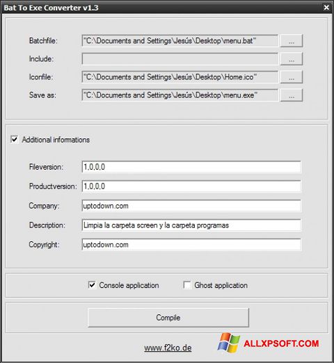 Snimak zaslona Bat To Exe Converter Windows XP