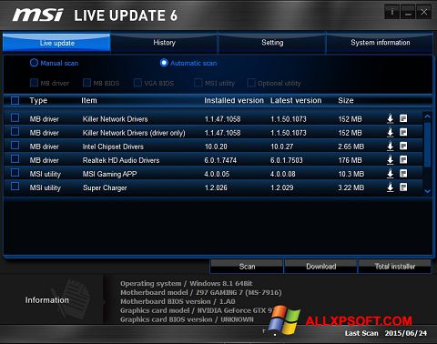 Snimak zaslona MSI Live Update Windows XP