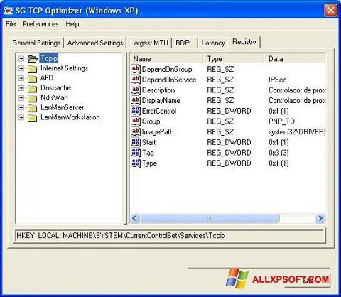 Snimak zaslona TCP Optimizer Windows XP